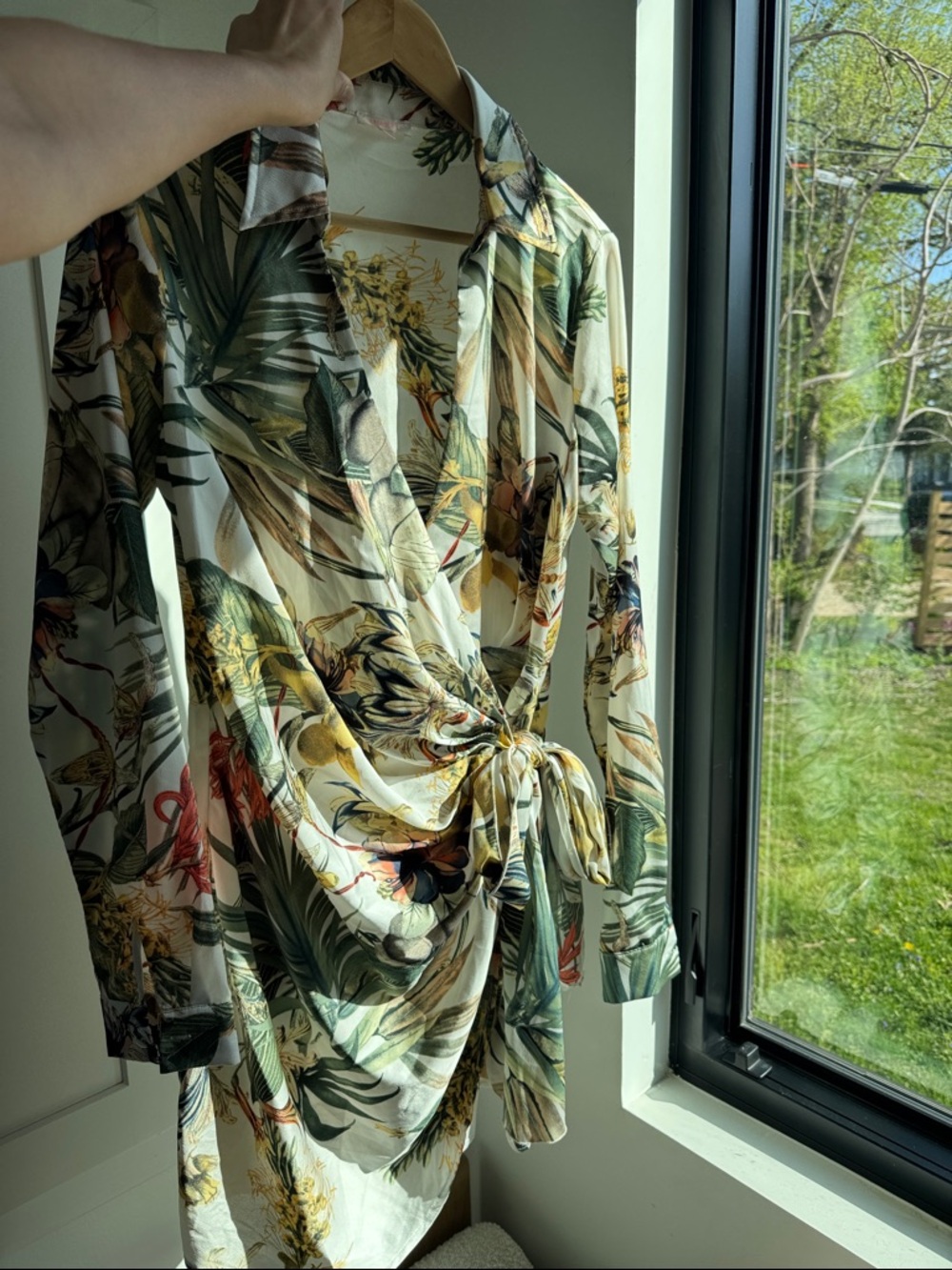 Vici Tropical Floral Wrap Dress in White, Green, Yellow - Picture 3 of 12